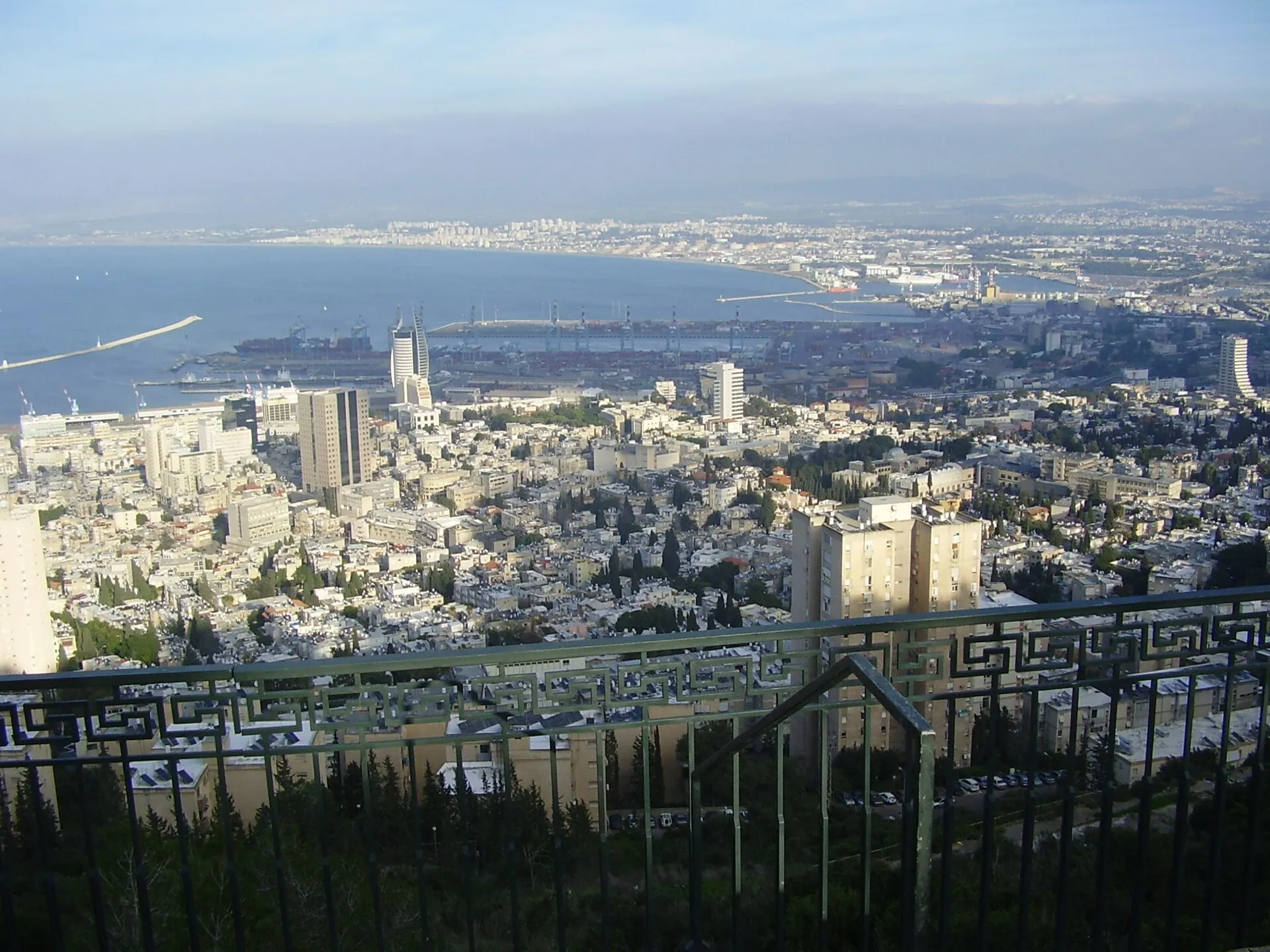 Haifa seen from Mount Carmel: the city falling to the port and the curve of Haifa Bay